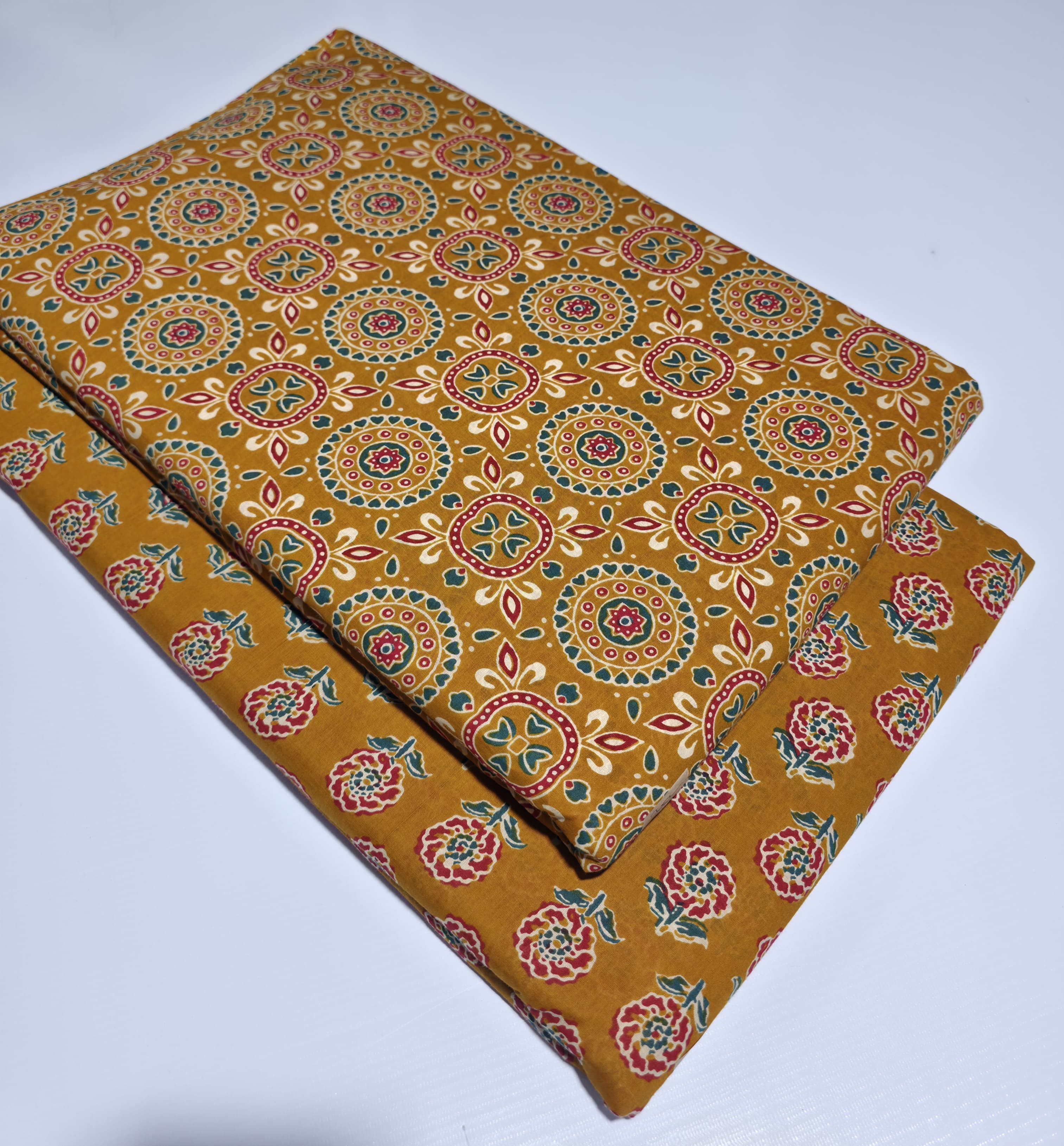 Ajrakh Medallion Grid Cotton — Mustard