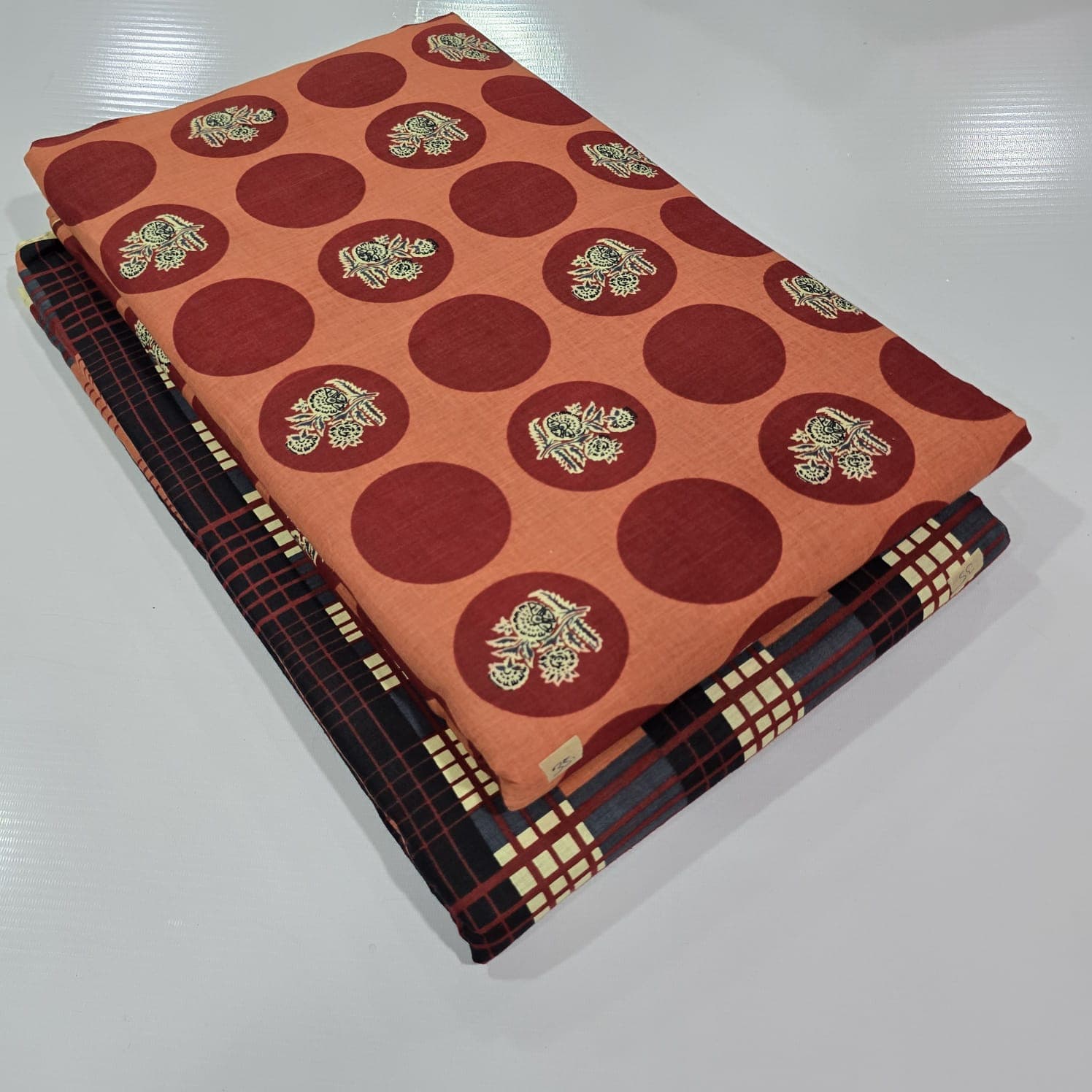 Ajrakh Polka Floral Cotton — Peach